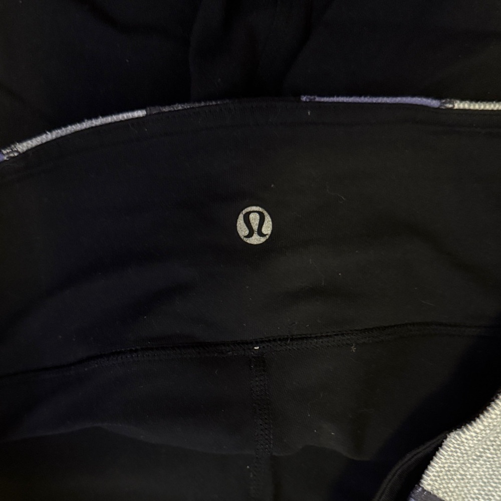 Women’s Black Cropped Leggings with Gray and Purple Waistband - Picture 2 of 4
